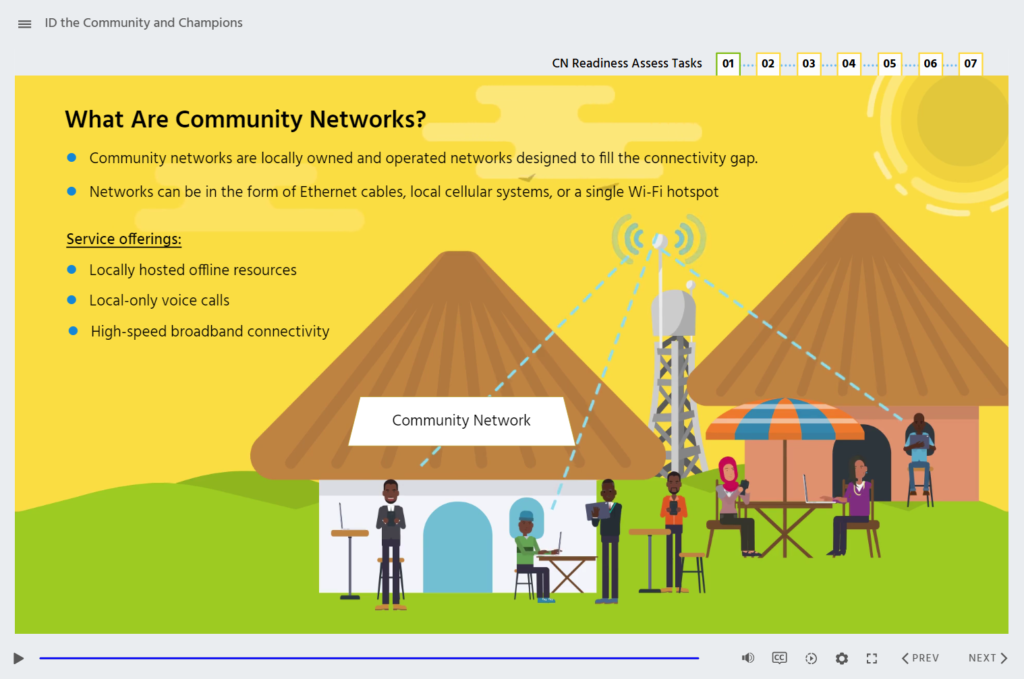 Illustration of a rural community with huts, a communication tower, and people using digital devices, explaining community networks.