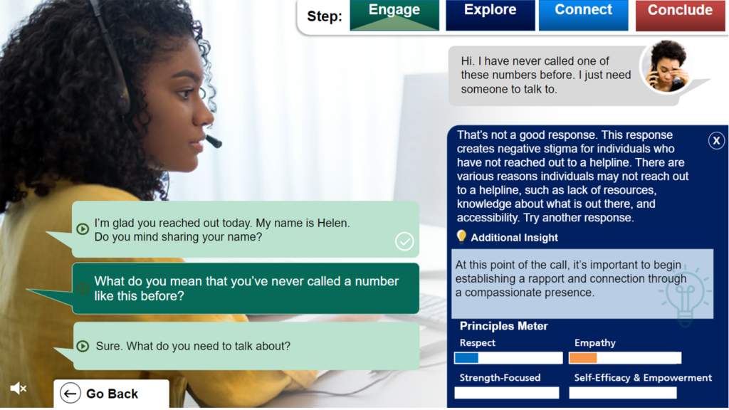 Hotline scenario feedback explains why a selected response lacks empathy and offers suggestions for improvement.