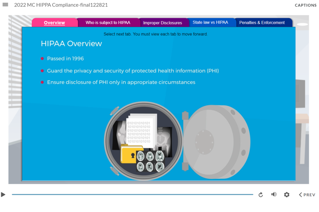 Slide shows HIPAA overview with a vault image storing binary data and X-rays, symbolizing protected health information.