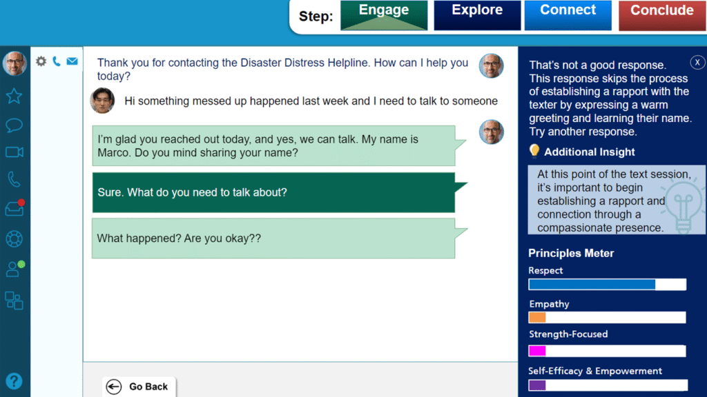 Hotline chat simulation with trainee response, feedback panel, and empathy meter for suicide prevention training.