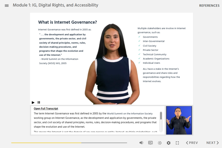 Storyline course slide on Disability Leadership in Internet Governance, featuring a presenter and text about digital rights and accessibility.