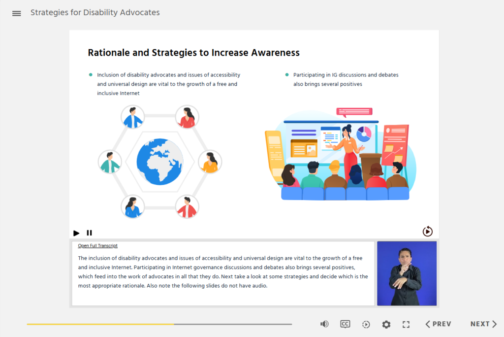 Storyline course slide on disability advocacy, showing strategies for increasing awareness with visuals of global collaboration and public engagement.