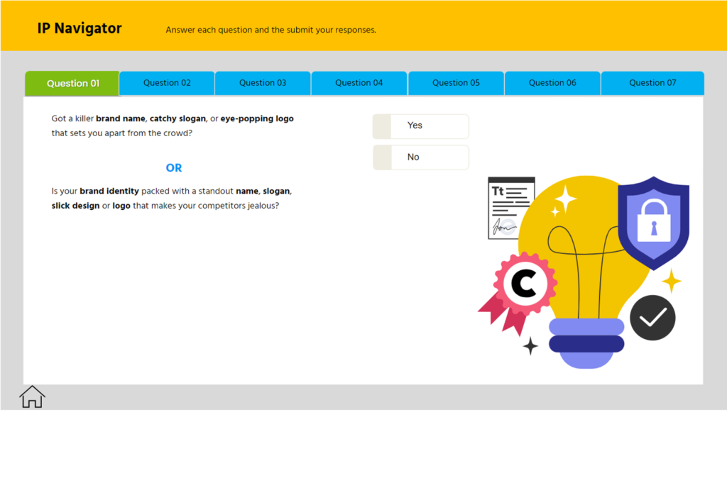 IP tool screen asks about brand name, slogan, or logo with Yes/No buttons and icons for copyright, ideas, and security.