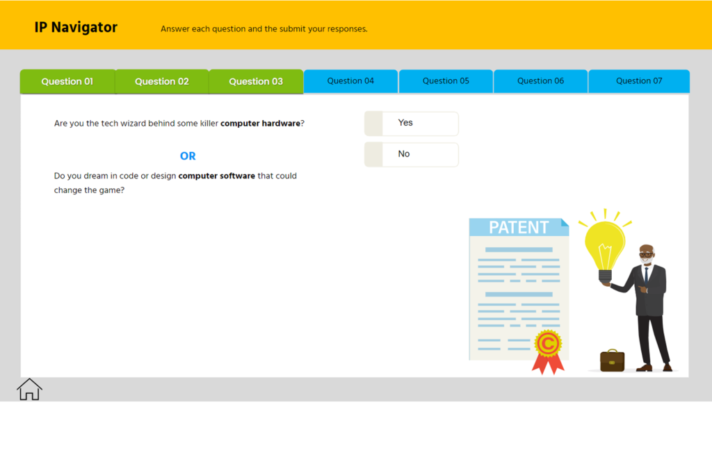 IP tool asks if user developed hardware or software, with Yes/No buttons, patent icon, and figure holding light bulb.