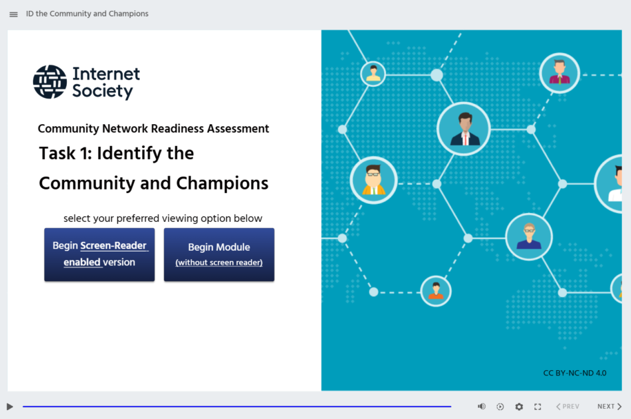 eLearning module on community readiness, showing networked avatars and screen reader options for accessibility.