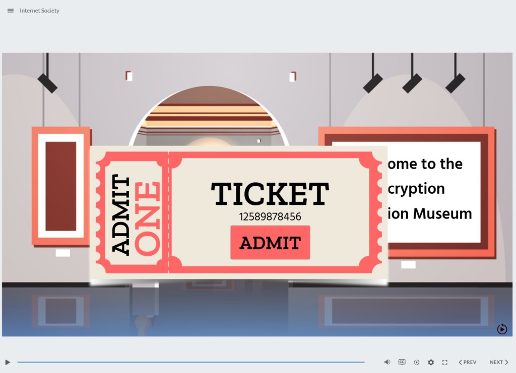 Digital ticket with 'Admit One' appears in front of a virtual museum entrance, inviting learners to begin their interactive encryption history tour.