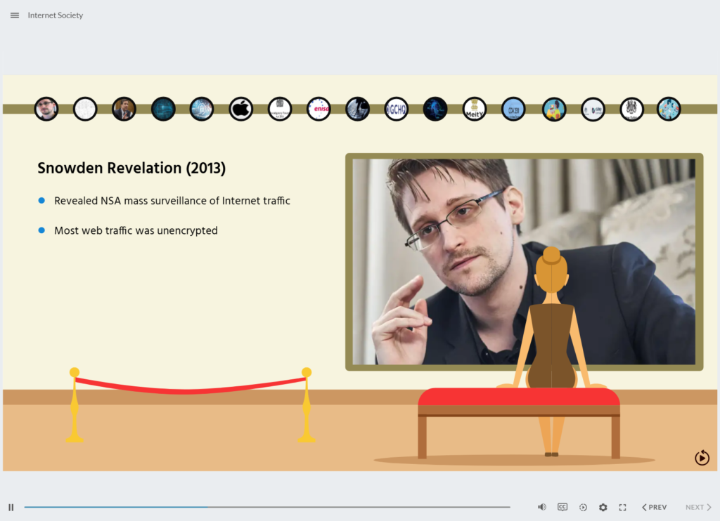 A museum exhibit shows Edward Snowden on a screen, with a seated person viewing the display.