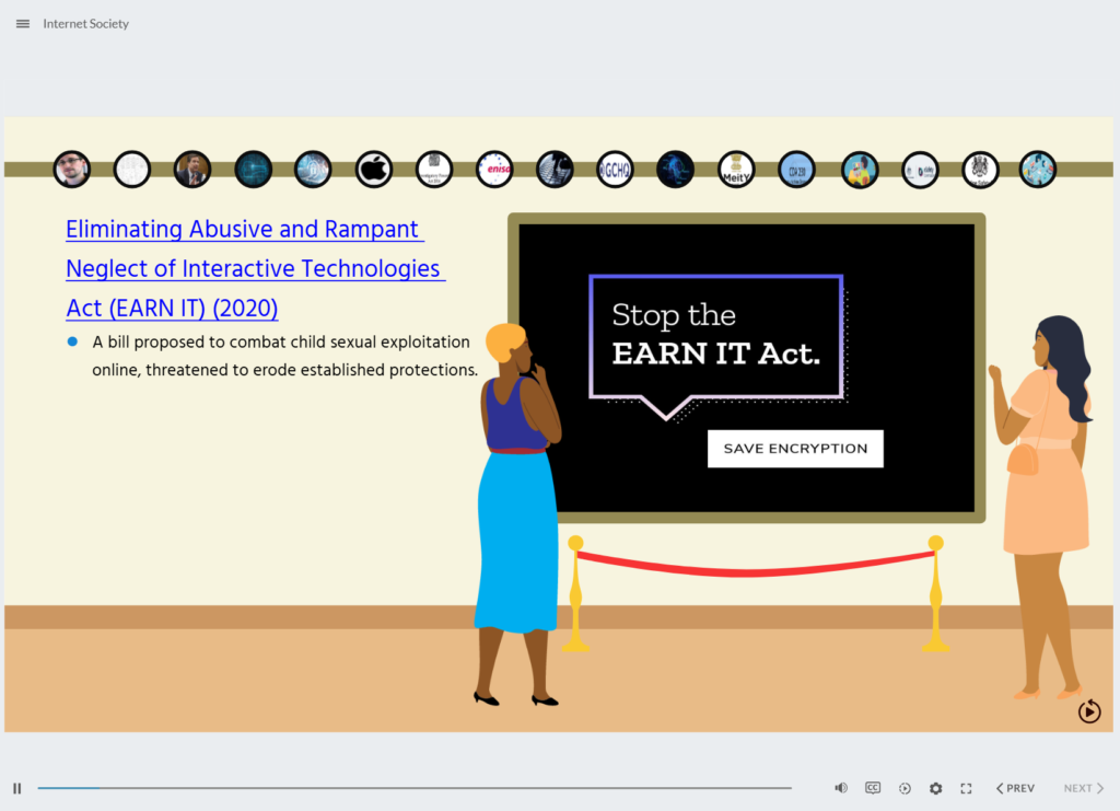 Two illustrated characters view a museum exhibit featuring a large display that reads 'Stop the EARN IT Act. Save Encryption.' Above are circular icons representing various organizations.