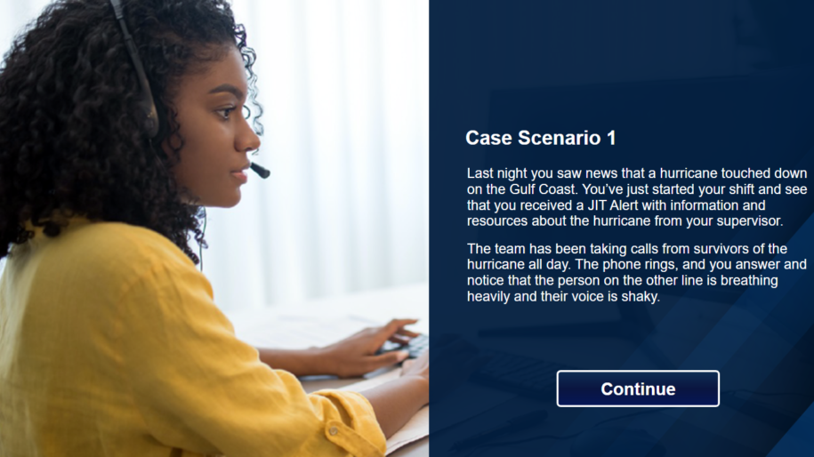 Woman with headset at a computer and text describing a hurricane response case scenario in a training module